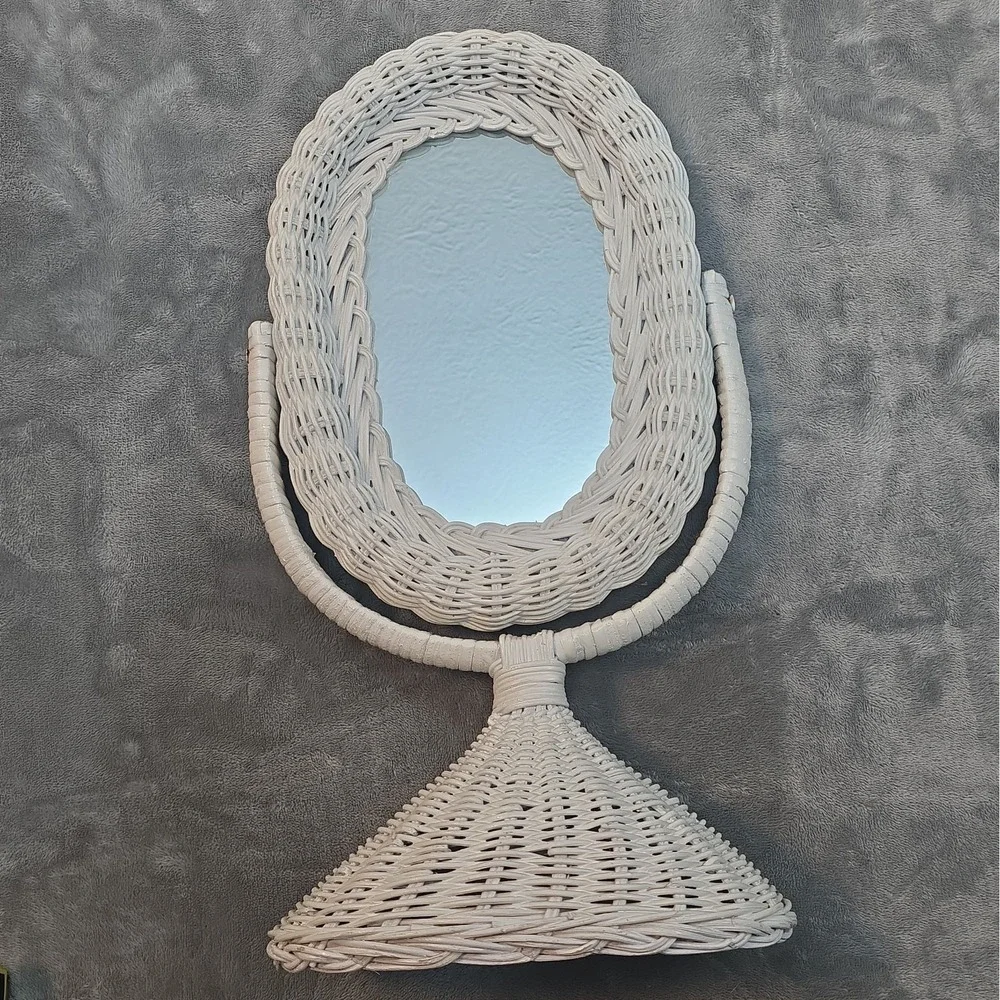 Vintage Wicker Rattan Vanity Mirror Cottage Cabin Chic Make-Up